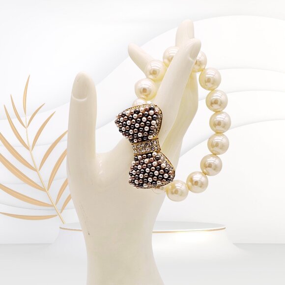 Pearl Stretch Bracelet w/ Large Pave Bow, Gold-Tone Rhinestone Center, Statement - Picture 1 of 10